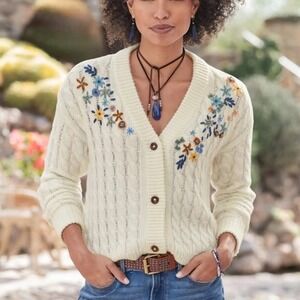 Sundance Women Ivory Cable Knit Embroidered Floral Cardigan Sweater cottagecore